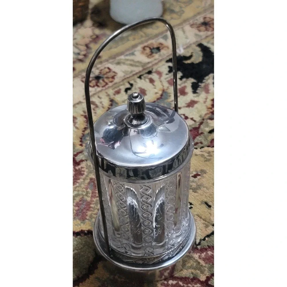 Victorian Pickle Caster Ornate Silver Plated Base Tall Handle Victorian EAPG JAR
